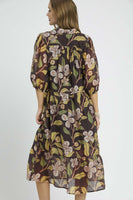 Umgee Lightweight Bold Floral Print Midi Dress in Brown Mix