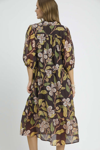 Umgee Lightweight Bold Floral Print Midi Dress in Brown Mix