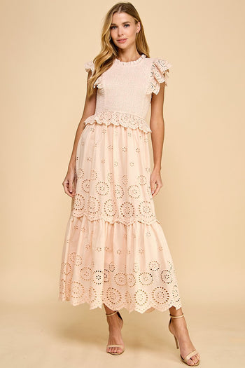 TCEC Eyelet Lace Maxi Dress in Beige