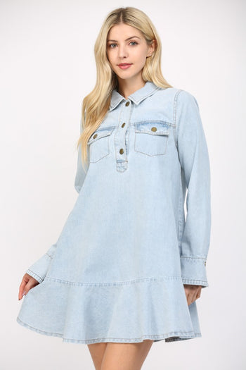 FATE Washed Denim Mini Dress with Half Front Button Down in Light Denim M FATE Washed Denim Mini Dress with Half Front Button Down in Light Denim M