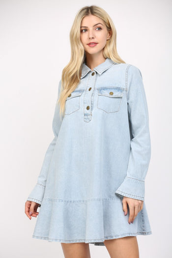 FATE Washed Denim Mini Dress with Half Front Button Down in Light Denim M at June Adel