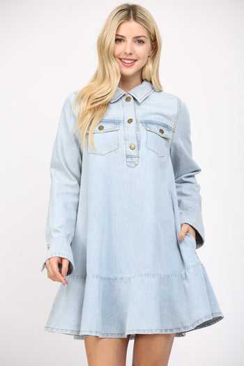 FATE Washed Denim Mini Dress with Half Front Button Down in Light Denim