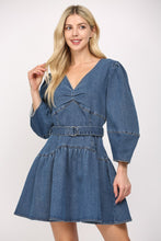 Load image into Gallery viewer, FATE Washed Denim Belted Mini Dress in Dark Denim
