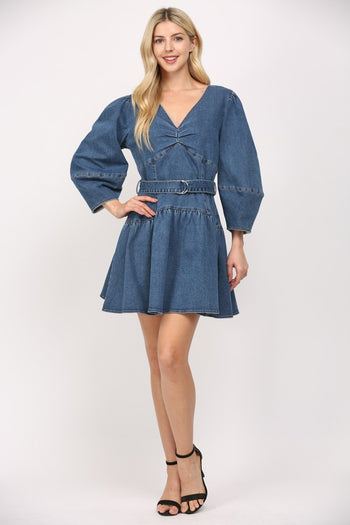 FATE Washed Denim Belted Mini Dress in Dark Denim