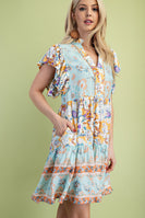 GiGio Mixed Print Dress with Ric Rac Trim in Light Mint Mix