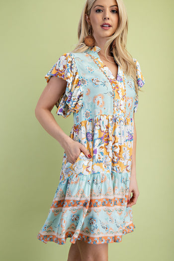 GiGio Mixed Print Dress with Ric Rac Trim in Light Mint Mix