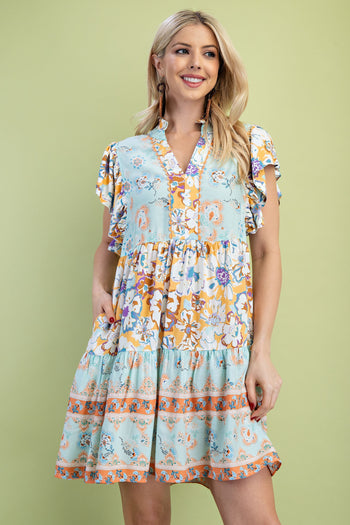 GiGio Mixed Print Dress with Ric Rac Trim in Light Mint Mix