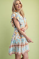 GiGio Mixed Print Dress with Ric Rac Trim in Light Mint Mix
