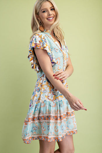 GiGio Mixed Print Dress with Ric Rac Trim in Light Mint Mix