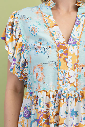 GiGio Mixed Print Dress with Ric Rac Trim in Light Mint Mix