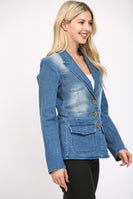 FATE Washed Denim Blazer Jacket in Dark Denim