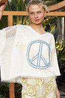 POL Peace Sign Patch Top with Pearl and Rhinestone Gems in Off White