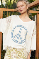 POL Peace Sign Patch Top with Pearl and Rhinestone Gems in Off White