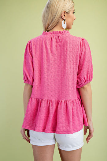 GiGio Solid Color Textured Top in Hot Pink