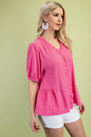 GiGio Solid Color Textured Top in Hot Pink