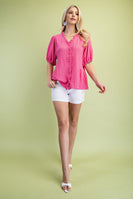 GiGio Solid Color Textured Top in Hot Pink