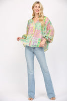 FATE Mixed Print Patchwork Top in Green/Yellow Multi