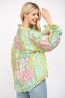 FATE Mixed Print Patchwork Top in Green/Yellow Multi