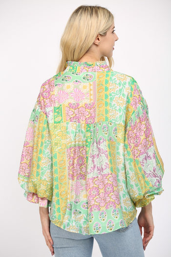 FATE Mixed Print Patchwork Top in Green/Yellow Multi