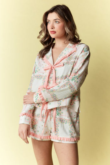 RARERAW Floral Patchwork Pattern Pajama Set in Coral/Pink