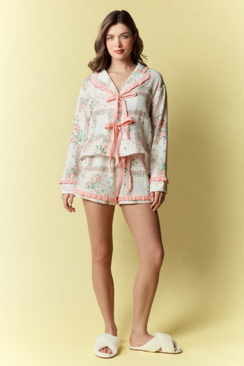 RARERAW Floral Patchwork Pattern Pajama Set in Coral/Pink