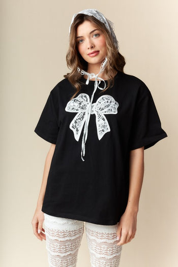 RARERAW OVERSIZED T-Shirt with Embroidered Lace Bow on Front in Black