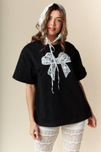Load image into Gallery viewer, RARERAW OVERSIZED T-Shirt with Embroidered Lace Bow on Front in Black
