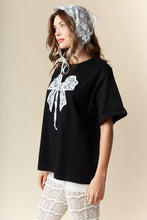 Load image into Gallery viewer, RARERAW OVERSIZED T-Shirt with Embroidered Lace Bow on Front in Black
