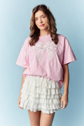RARERAW OVERSIZED T-Shirt with Embroidered Lace Bow on Front in Pink