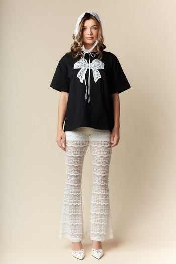 RARERAW OVERSIZED T-Shirt with Embroidered Lace Bow on Front in Black