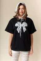 RARERAW OVERSIZED T-Shirt with Embroidered Lace Bow on Front in Black
