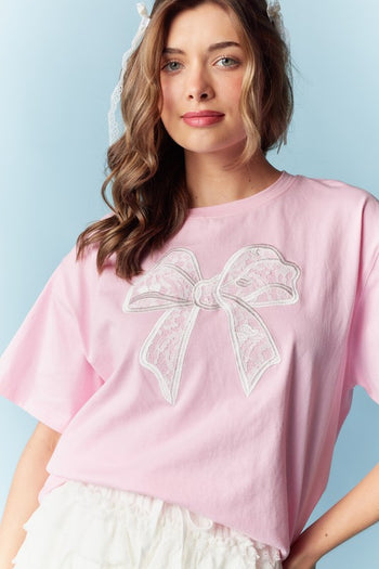 RARERAW OVERSIZED T-Shirt with Embroidered Lace Bow on Front in Pink