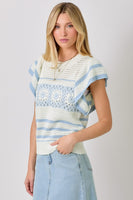 Mystree Fluttering Sleeve Crochet Sweater Top in Ivory/Powder Blue