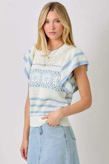 Mystree Fluttering Sleeve Crochet Sweater Top in Ivory/Powder Blue