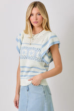 Load image into Gallery viewer, Mystree Fluttering Sleeve Crochet Sweater Top in Ivory/Powder Blue
