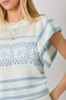 Mystree Fluttering Sleeve Crochet Sweater Top in Ivory/Powder Blue