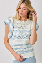 Load image into Gallery viewer, Mystree Fluttering Sleeve Crochet Sweater Top in Ivory/Powder Blue
