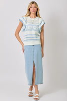 Mystree Fluttering Sleeve Crochet Sweater Top in Ivory/Powder Blue