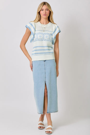 Mystree Fluttering Sleeve Crochet Sweater Top in Ivory/Powder Blue
