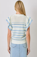 Mystree Fluttering Sleeve Crochet Sweater Top in Ivory/Powder Blue