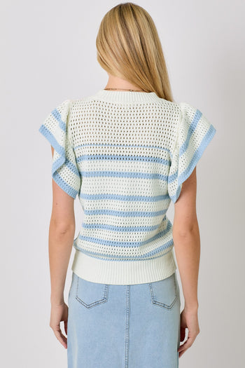 Mystree Fluttering Sleeve Crochet Sweater Top in Ivory/Powder Blue