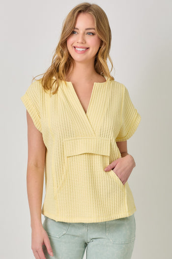 Mystree Notched V-neck Oversized Hoodie Top in Lemon