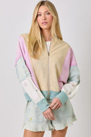 Mystree Mixed Media Color Blocked Jacket in Oatmeal Mix