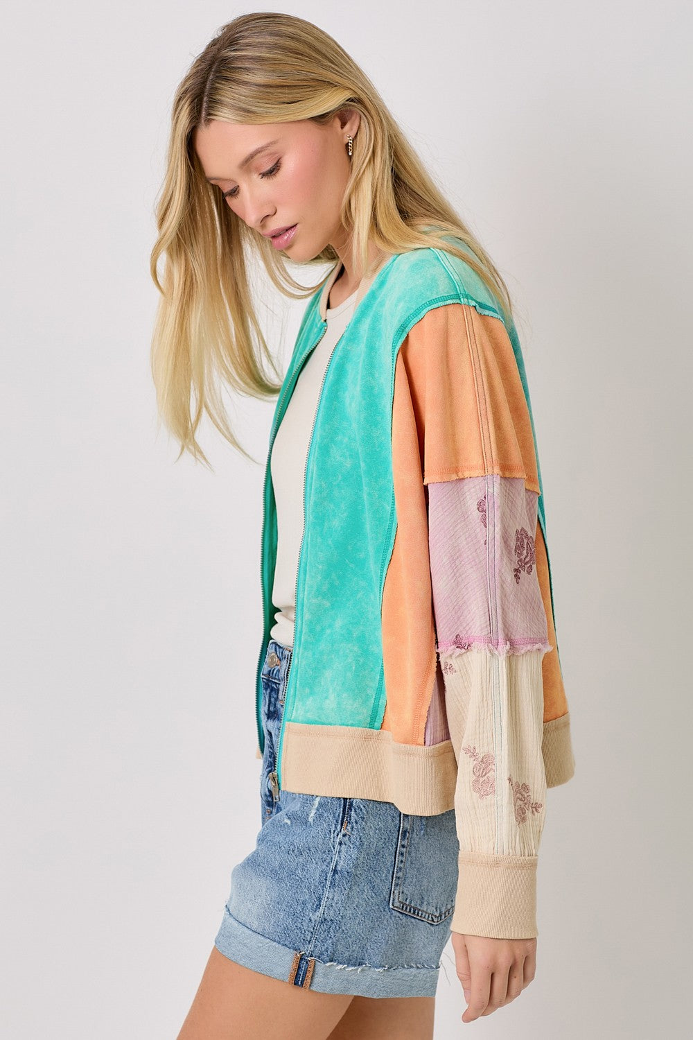 Mystree Mixed Media Color Blocked Jacket in Emerald Mix – June Adel