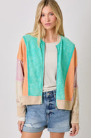 Mystree Mixed Media Color Blocked Jacket in Emerald Mix