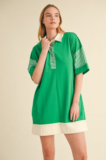 Jodifl Terry Knit Mini Dress with Stripe Details in Kelly Green