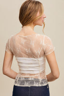 Listicle FITTED Sheer Floral Mesh Top in Ecru