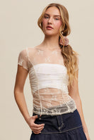 Listicle FITTED Sheer Floral Mesh Top in Ecru