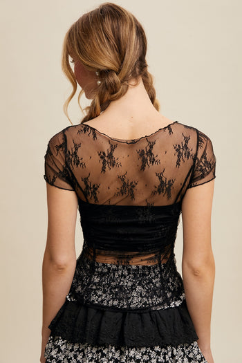 Listicle FITTED Sheer Floral Mesh Top in Black