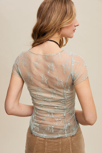 Listicle FITTED Sheer Floral Mesh Top in Sage